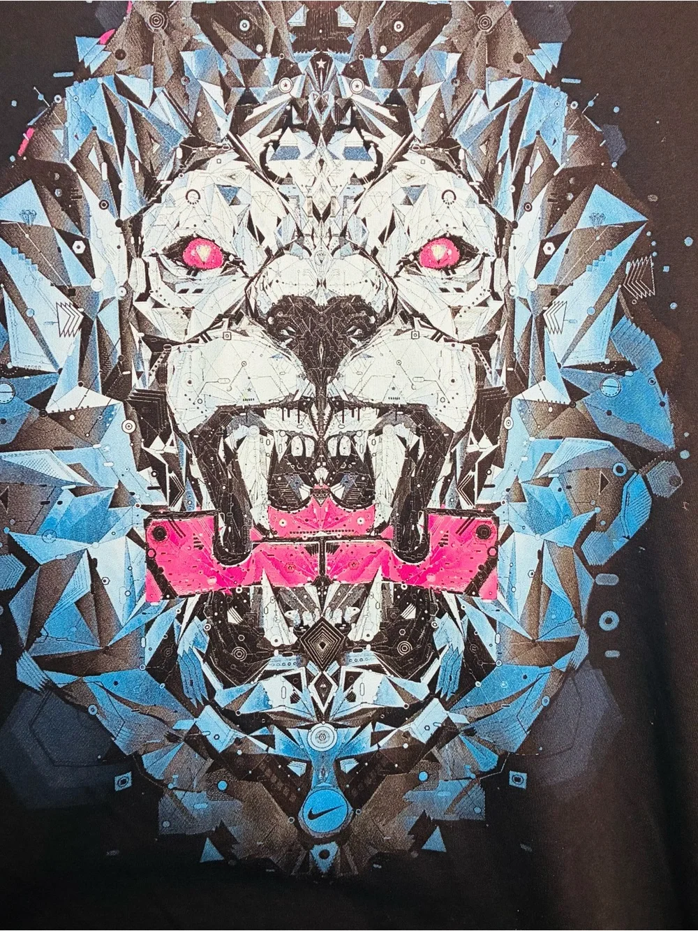 Nike Black Short Sleeve Tee with Blue Geometric Lion and Pink Accents